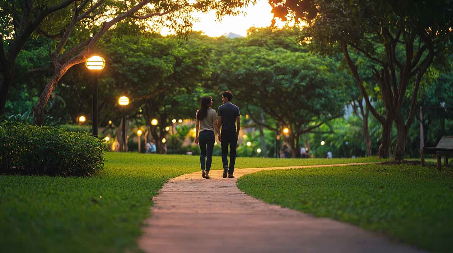 Happy young Singaporean couple with love advice walking along Bishan Park | Astrology Whispers by Dave Gor
